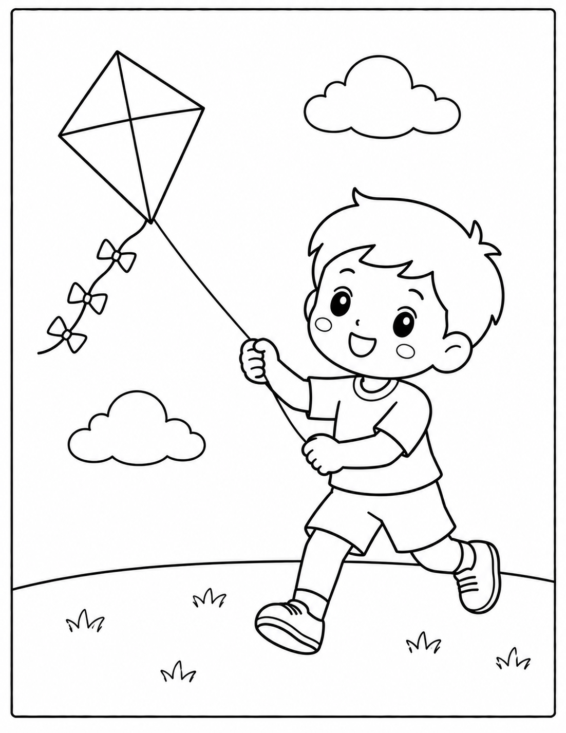 Boy flying a kite in the park Coloring Page — Free Printable — free printable coloring page